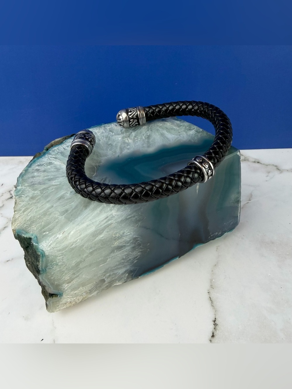 Men's Black Braided Leather & Stainless Steel Open Cuff Bracelet – Carved Finial